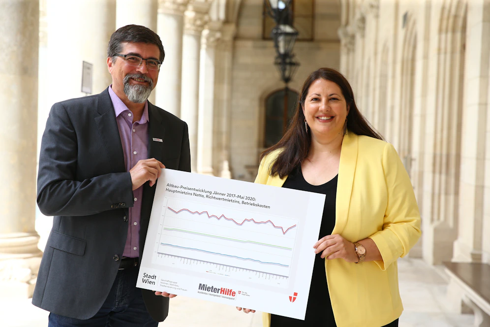 MieterHilfe Wien-Chef Christian Bartok und Wohnbaustadträtin Kathrin Gaal (SPÖ) präsentierten eine Untersuchung zum Wiener Wohnungsmarkt.