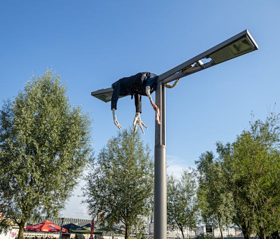 Der Mann auf der Laterne sorgt an der Donaulände für Aufsehen.