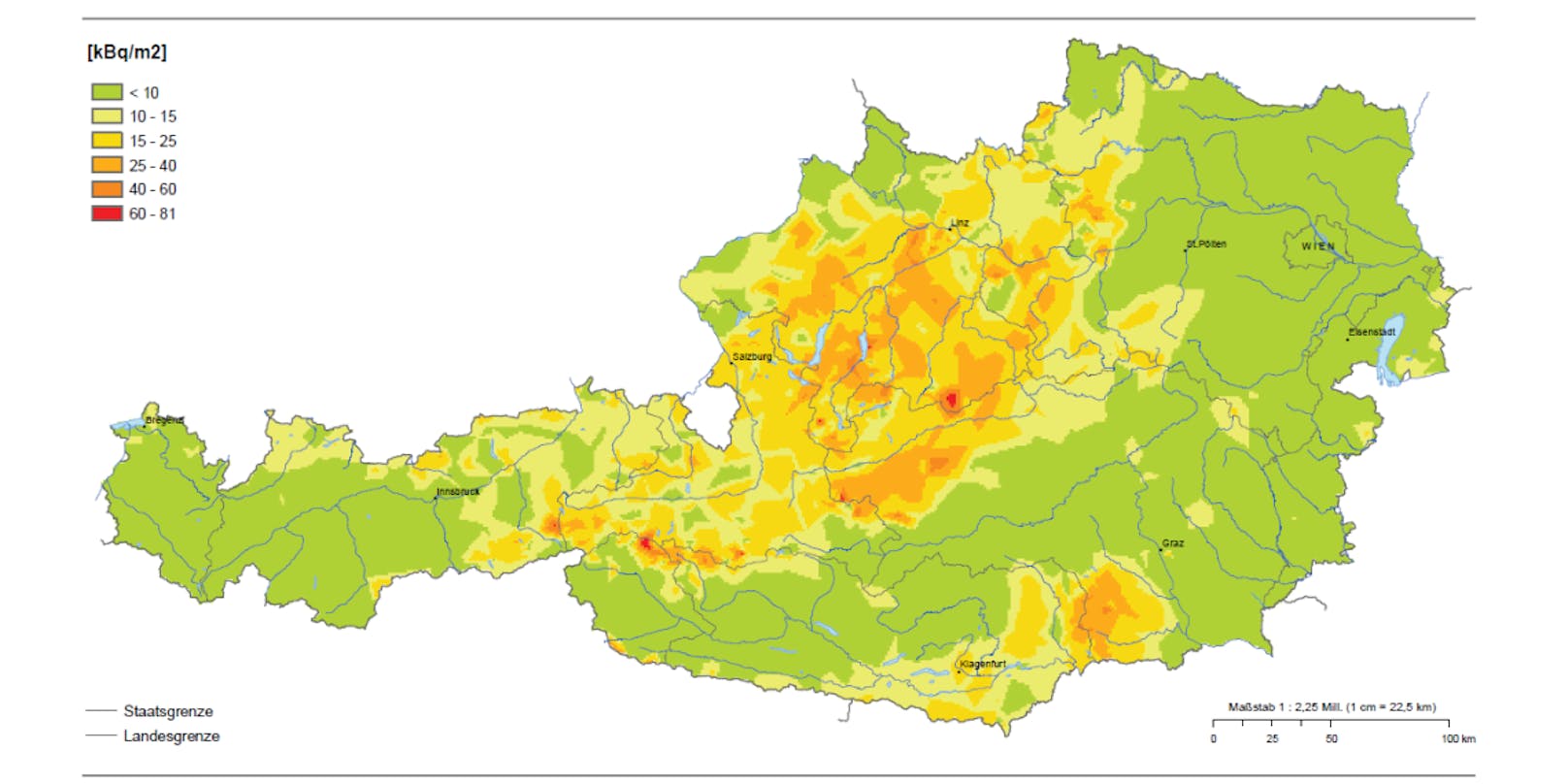 Bodenbelastung durch Cäsium-137 in Österreich, Stand 1. Mai 2016