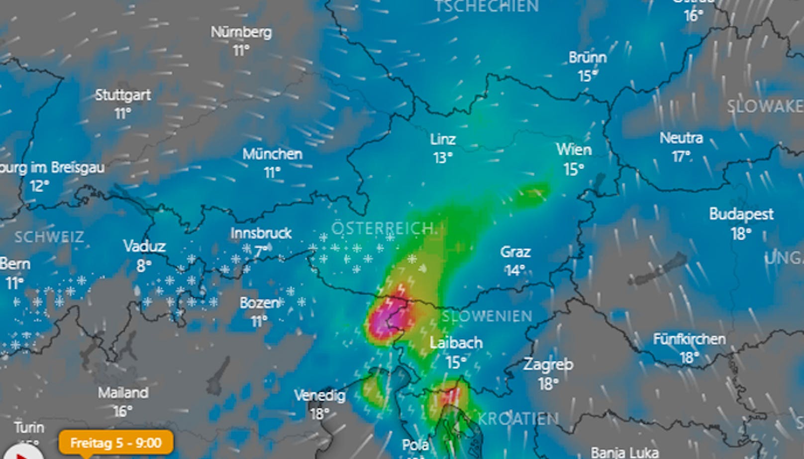 Die aktuelle Niederschlags-Karte für Österreich