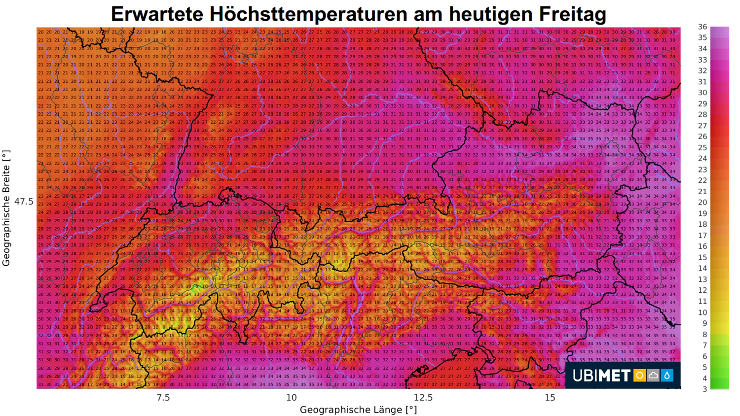 Die prognostizierten Höchstwerte für Freitag, 10. Juli 2020