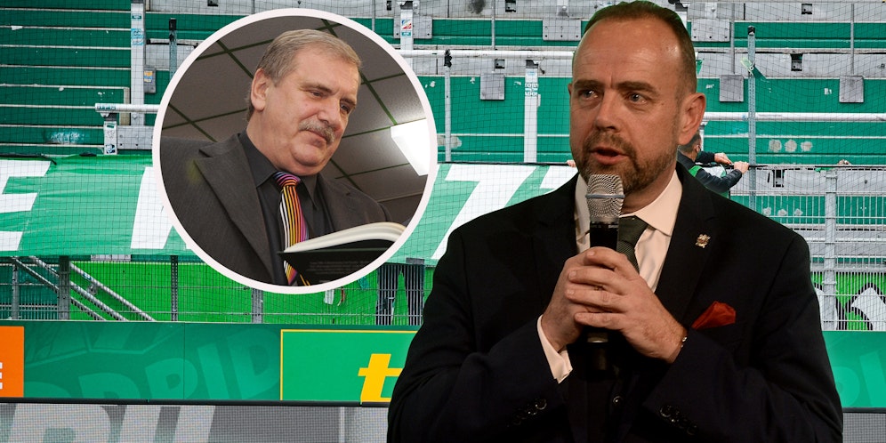 Links Franz Binder jr., rechts Rapid-Präsident Martin Bruckner. Im Hintergrund wird das sexistische Spruchband entfernt.