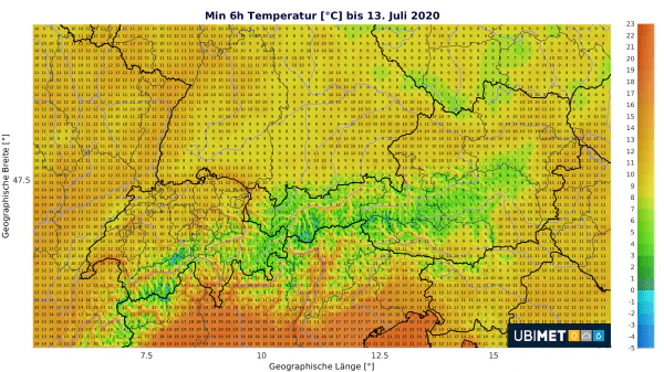 Die Temperaturkarte von Sonntagfrüh