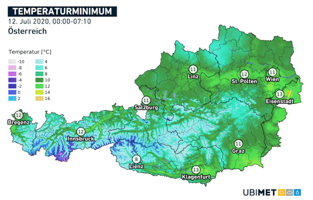 Die Kälte-Karte für Österreich  - mitten im Sommer
