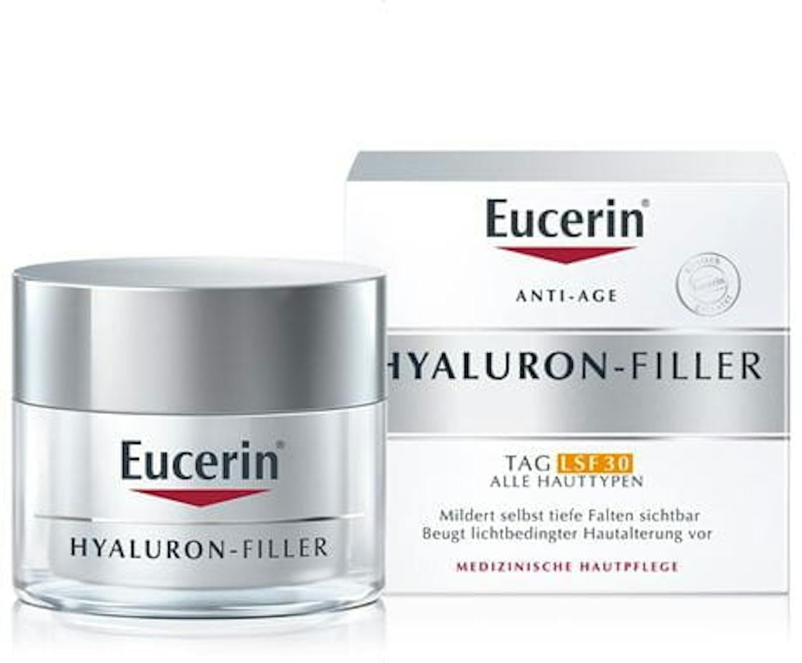 Die <strong>Hyaluron-Filler Tagespflege mit LSF 30</strong> von <strong>Eucerin </strong>um 34,95 Euro beugt lichtbedingter vorzeitiger Hautalterung vor und schützt vor UVA- und UVB-Strahlen.<br>