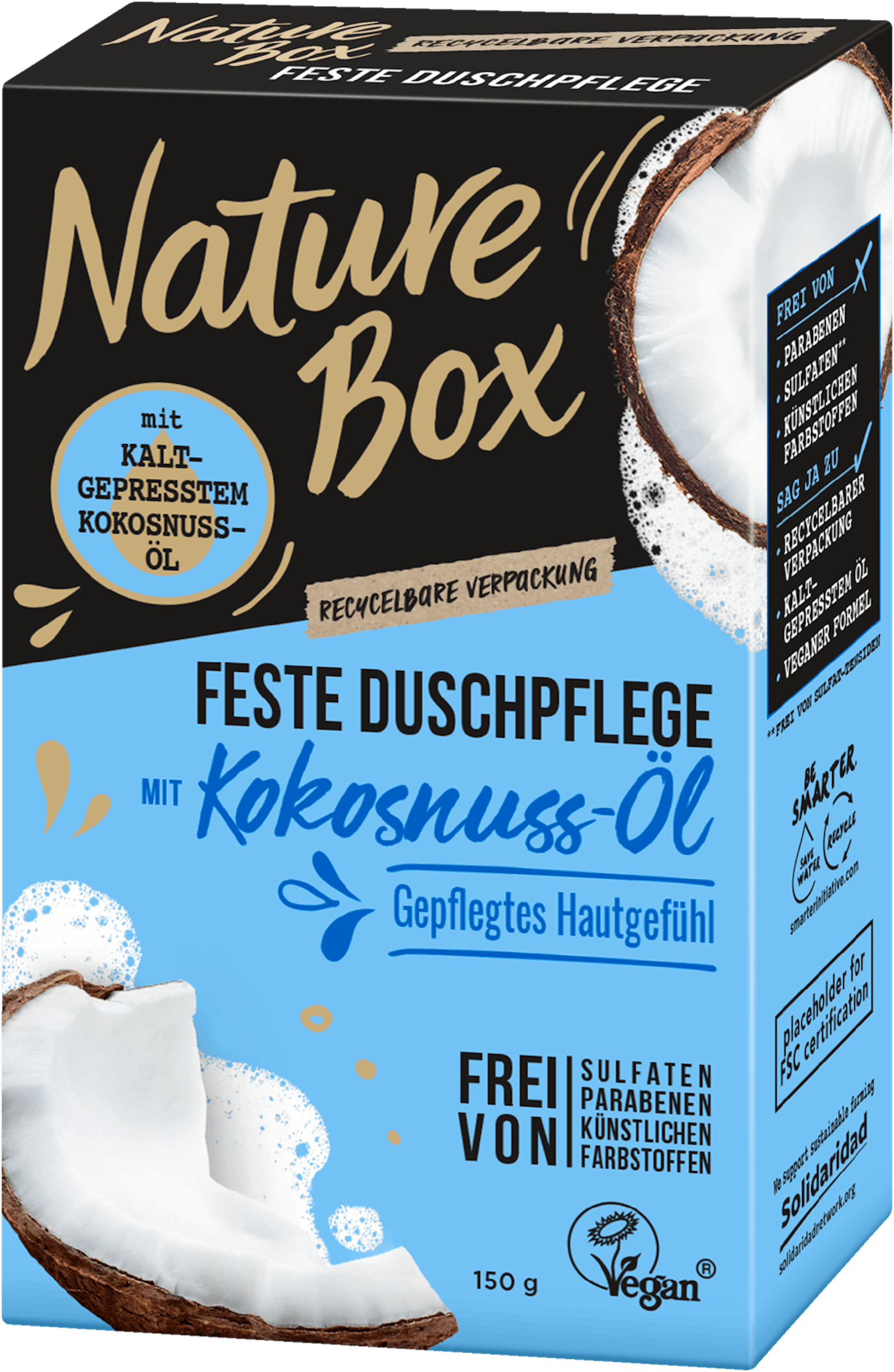 Die <strong>feste Duschpflege</strong> von <strong>Nature Box </strong>um 4,49 Euro kühlt mit seinem kaltgepresstem Öl aus Kokosnuss und bewahrt die Haut vor dem Austrocknen.<br>