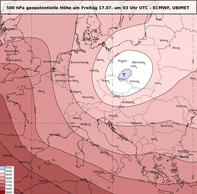 Höhentief über Polen am Freitag, 17. Juli, um 5.00 Uhr früh