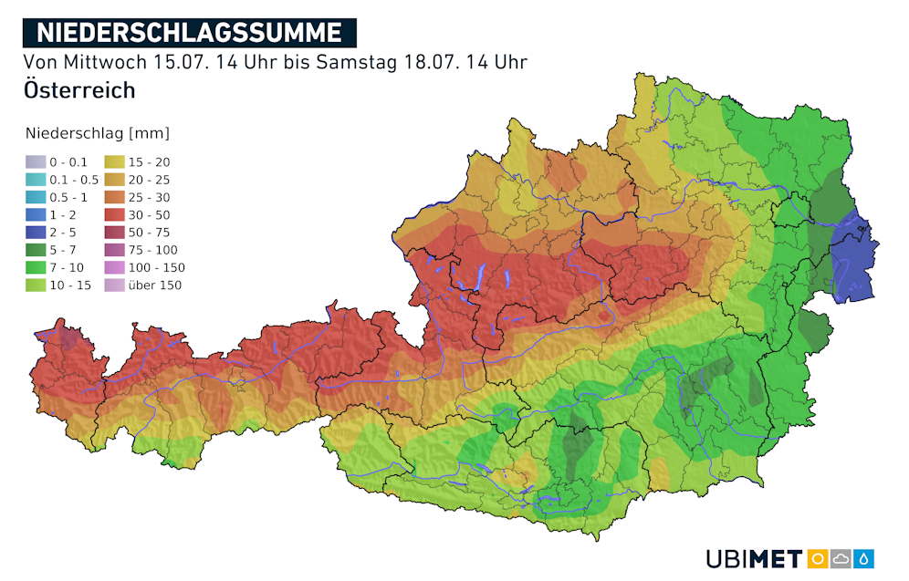 Prognostizierte Niederschlagssumme vom Mittwochmittag bis Samstagmittag