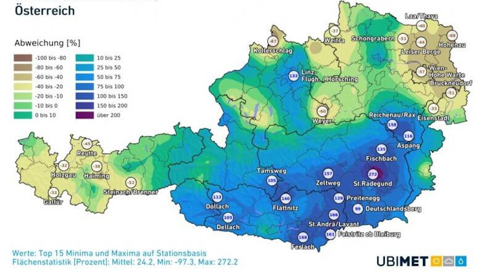 Niederschlagsabweichung vom Klimamittel (1981-2010) bisher im Juli 2020