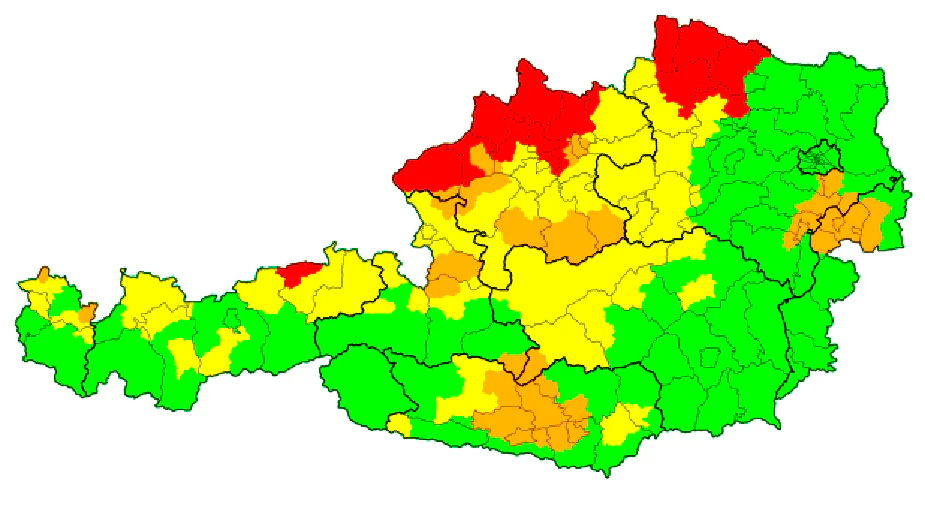 Die aktuellen Gewitter-Warnungen für Österreich am 15. Juli, 20 Uhr: Rot markiert sind starke Unwetter