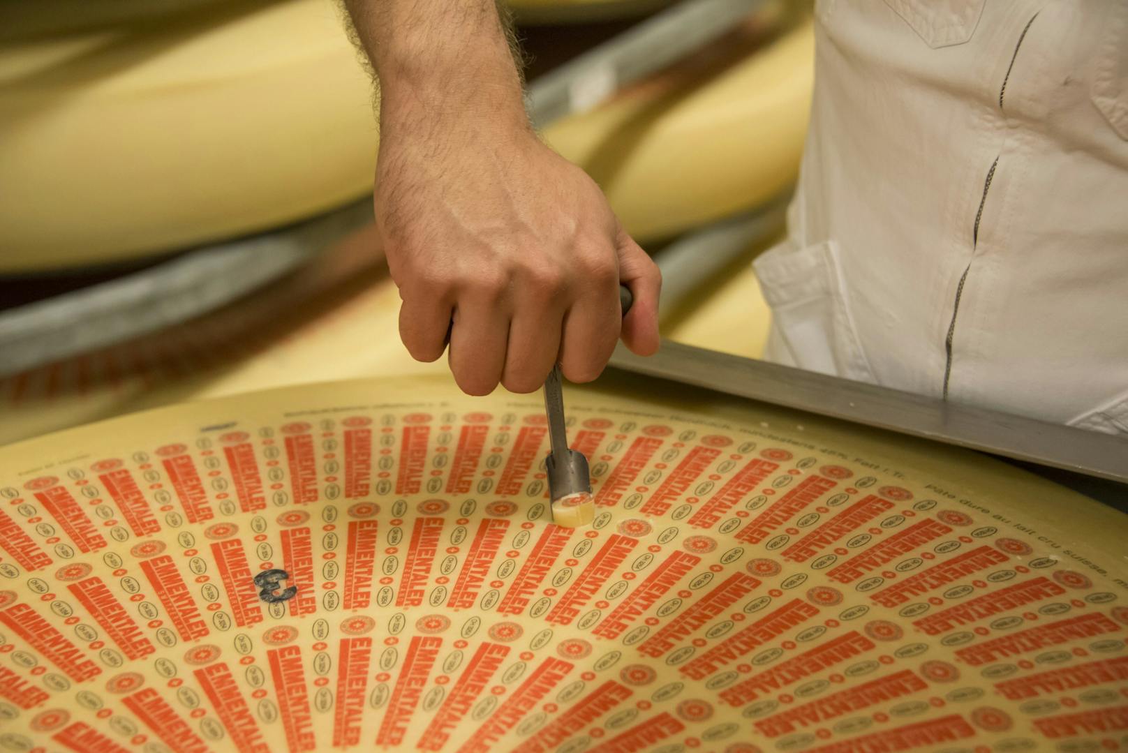 Ein Schweizer Käsemeister probiert ein Stück seines heranreifenden "Emmentaler". Archivbild