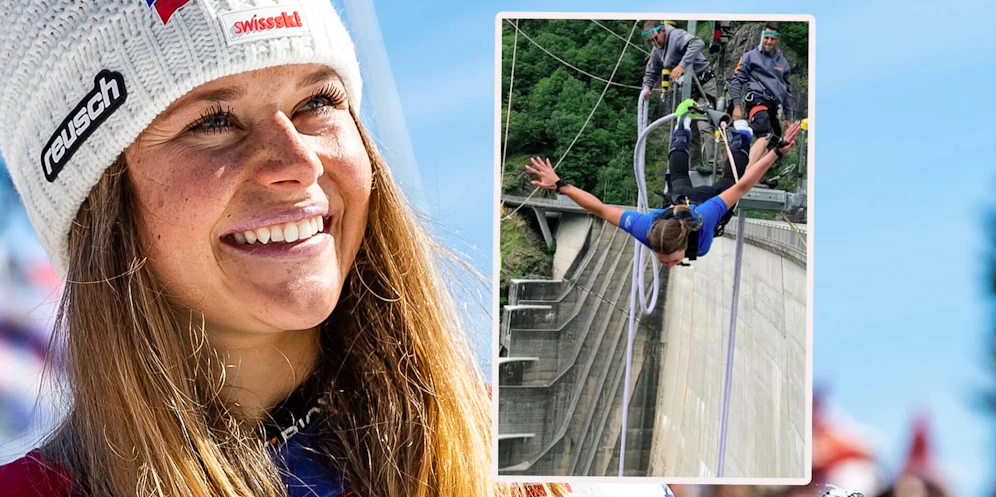 Corinne Suter stürzt sich am Bungee-Seil waghalsig in die Tiefe.