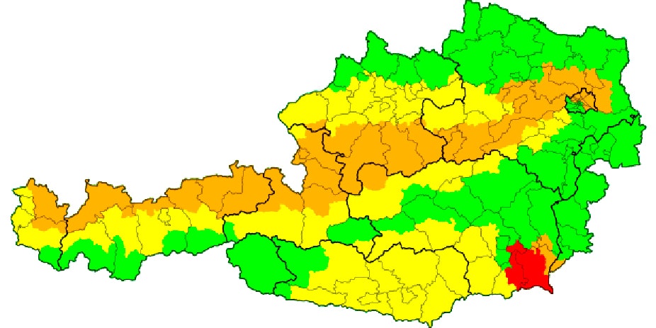 Die Unwetterkarte für Österreich mit Stand 16. Juli, 15.45 Uhr