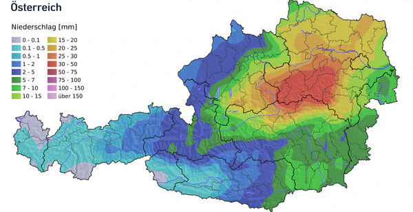 Prognose der aufsummierten Niederschlagsmenge von Samstag bis Sonntag