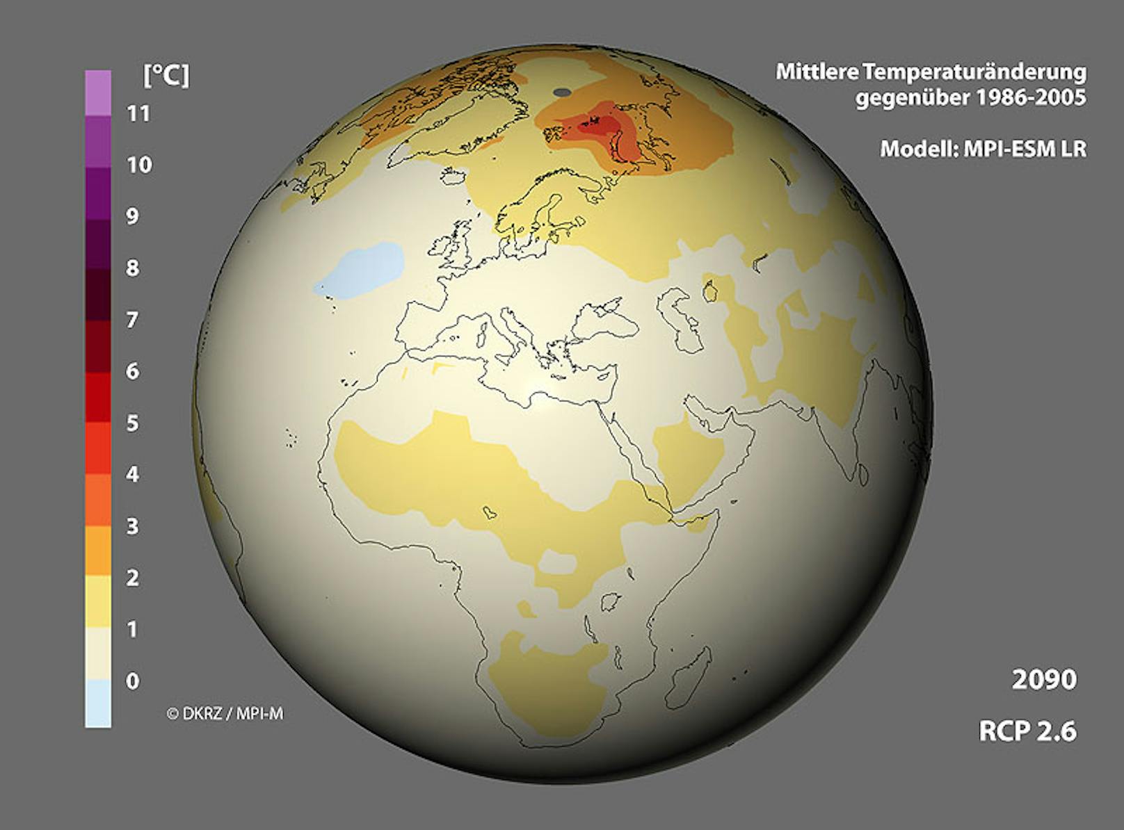 Änderung der geographischen Verteilung der 2m-Temperatur bis 2100 nach dem RCP-Szenarien 2.6 im Vergleich zum Mittel 1986-2005.