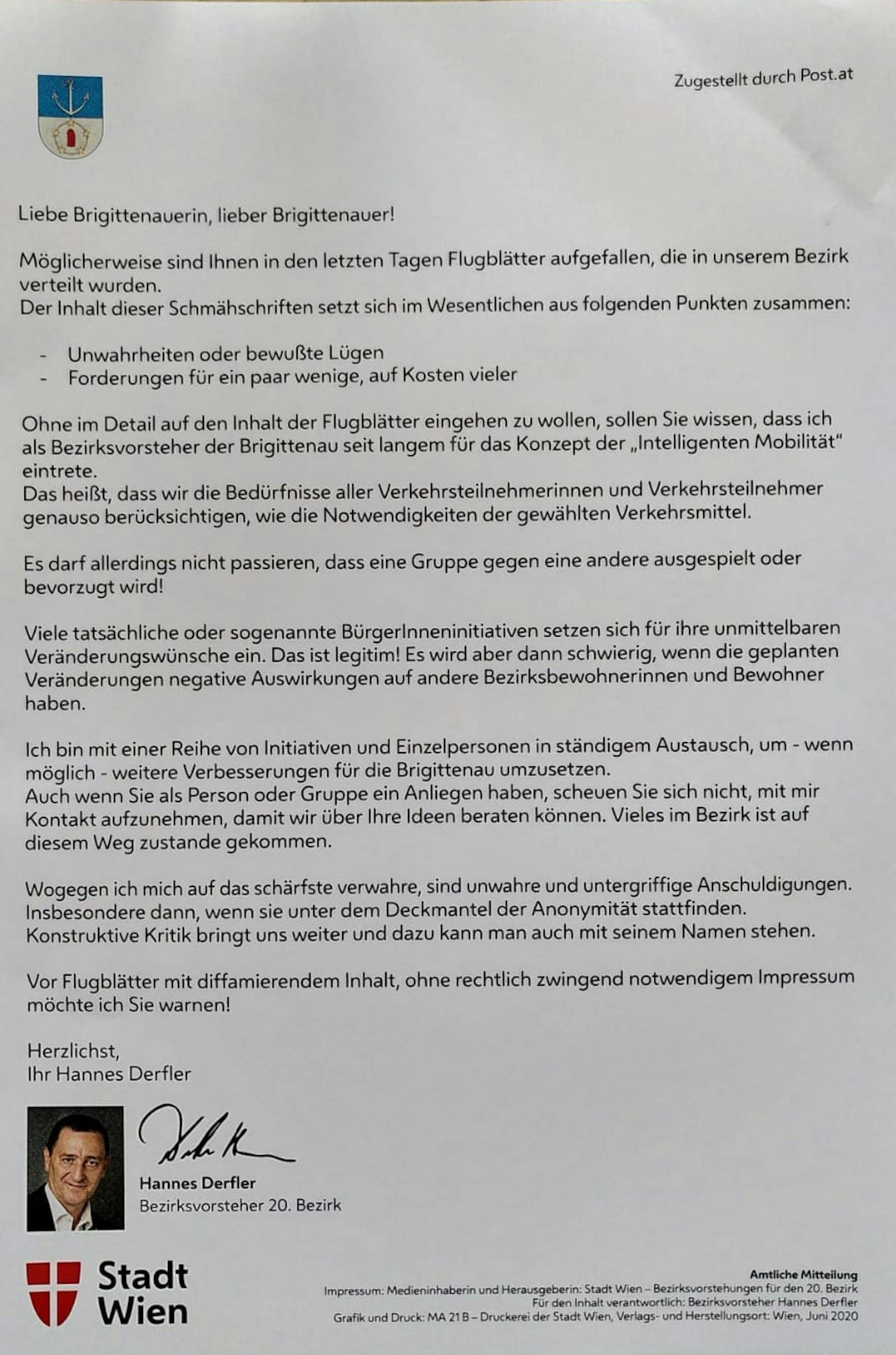 In einer amtlichen Mitteilung richtet sich Bezirksvorsteher Hannes Derfler an die Bewohner der Brigittenau.