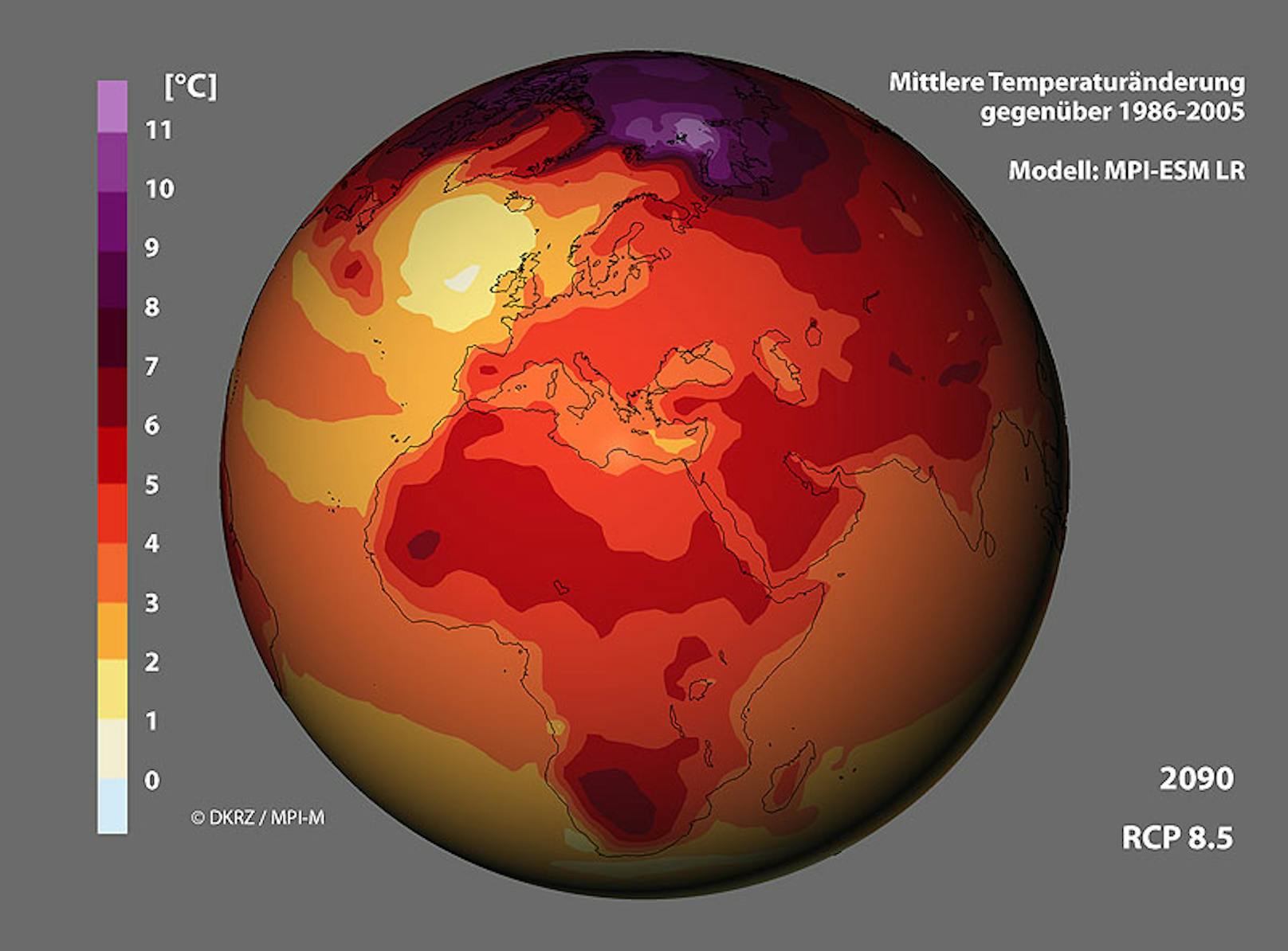 Änderung der geographischen Verteilung der 2m-Temperatur bis 2100 nach dem RCP-Szenarien 8.5 im Vergleich zum Mittel 1986-2005