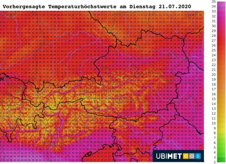 Die Hitze-Karte am Dienstag: Hier wird es richtig heiß.