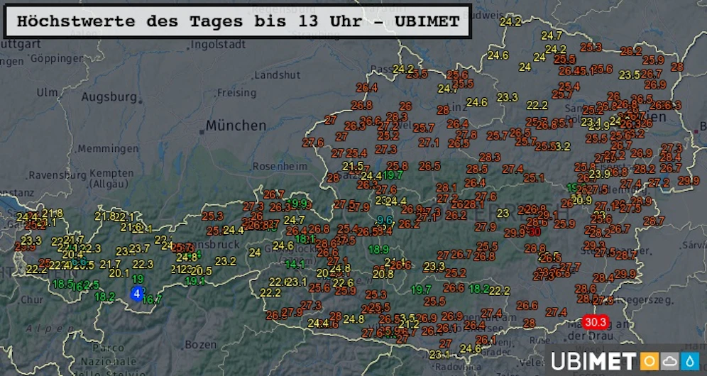 Tageshöchswerte bis 13.00 Uhr
