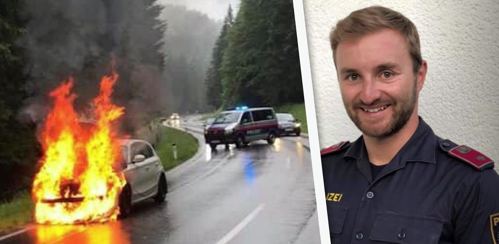 Alpinpolizist Pascal aus Gmunden rettete dem Beifahrer (32) dieses brennenden E-Autos das Leben.