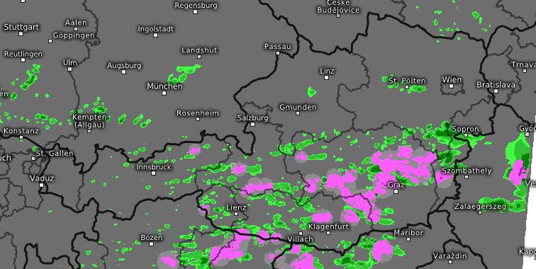 Signifikantes Wetter: Prognose für Mittwoch, 13 Uhr. Erwarteter Regen wird hier Grün dargestellt, Gewitter pink