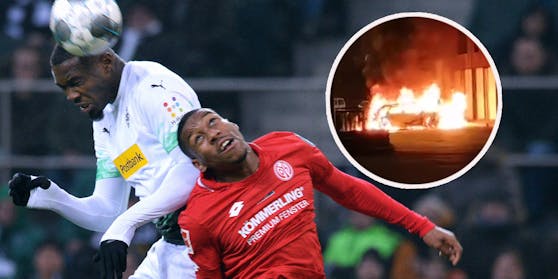 Ronaël Pierre-Gabriel im Zweikampf mit Gladbachs Marcus Thuram. Rechts sein Auto, das in Brest komplett ausbrannte.