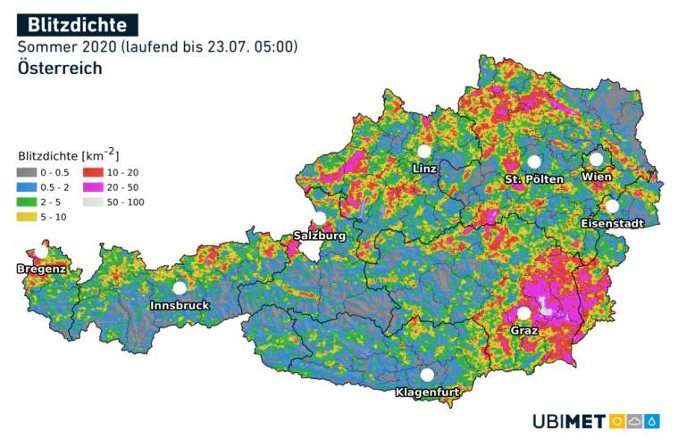 Vorläufige Blitzdichte im Sommer 2020 (bis 23.7.)