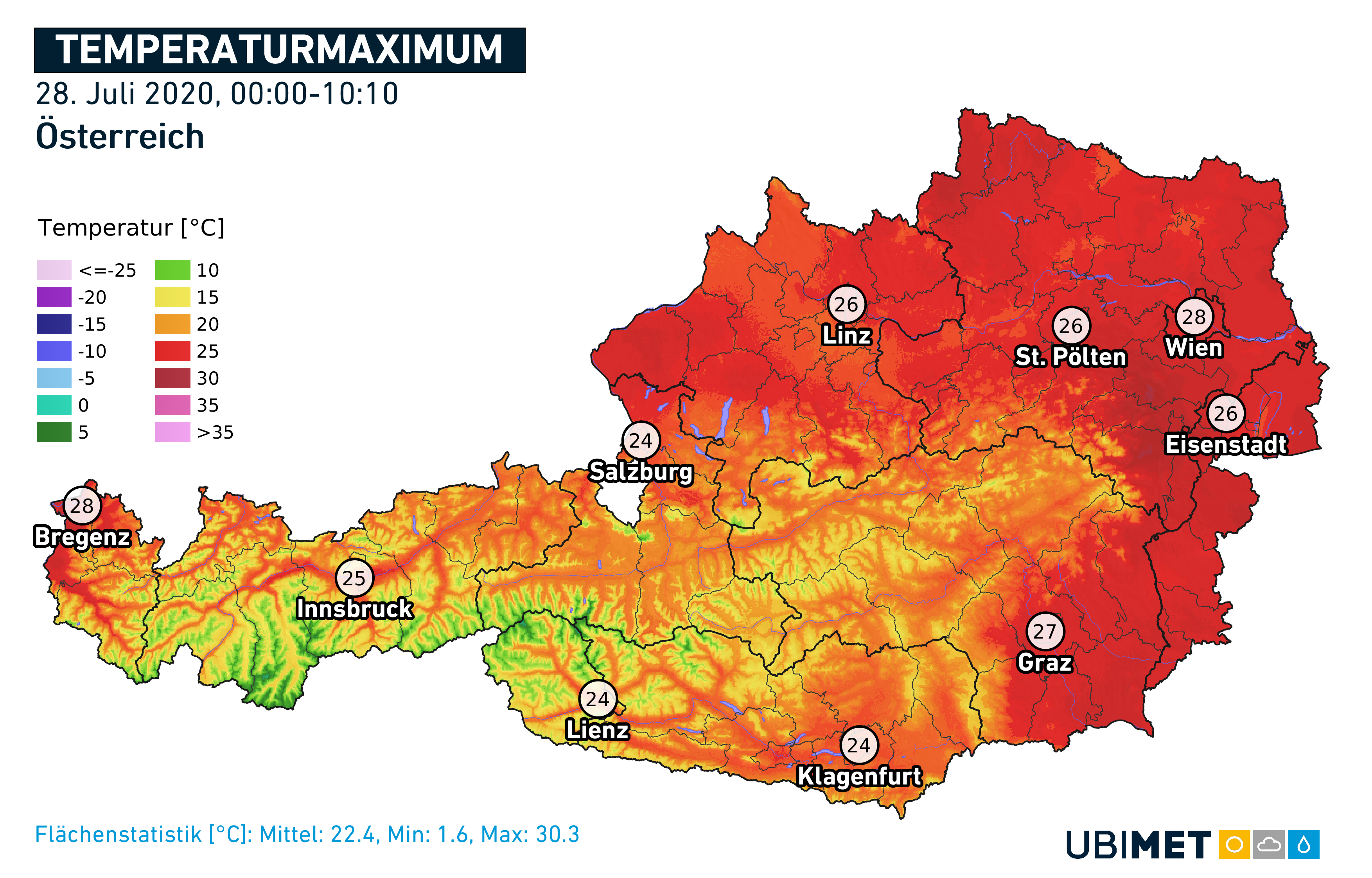 Temperaturmaximum in den Landeshauptstädten am 28. Juli zwischen 0 Uhr und 10.10 Uhr
