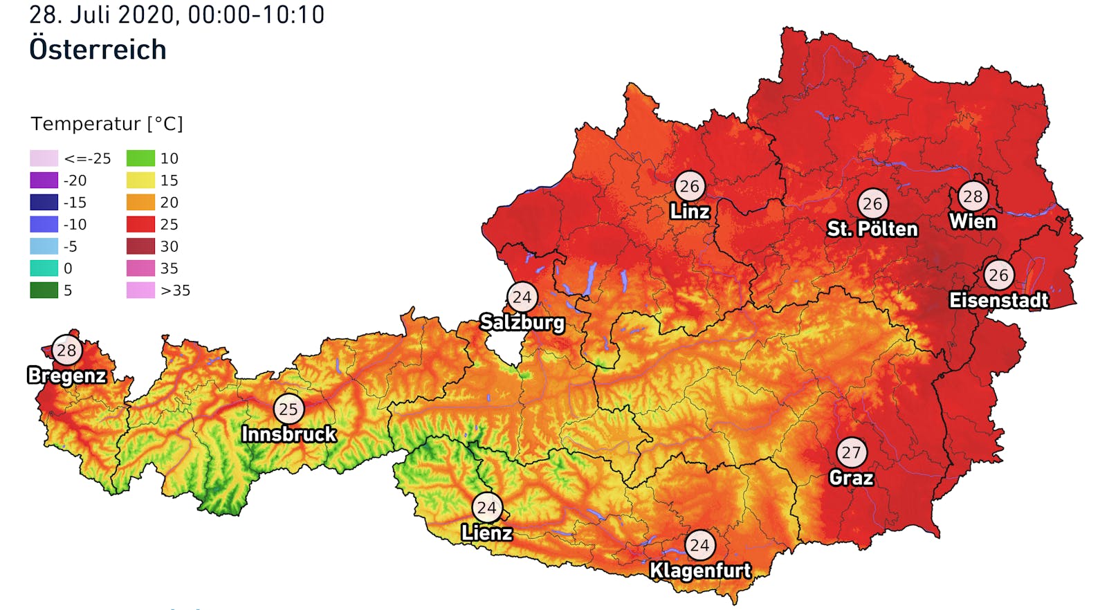 Temperaturmaximum in den Landeshauptstädten am 28. Juli zwischen 0 Uhr und 10.10 Uhr