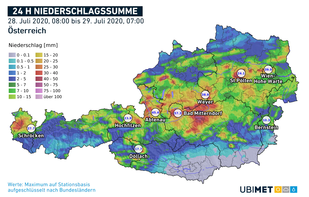 Die Regensumme der Unwetter im Überblick.
