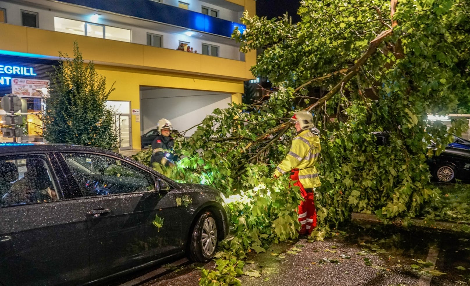 Ein Baum stürzte auf ein Auto in St. Pölten. Verletzt wurde zum Glück niemand.