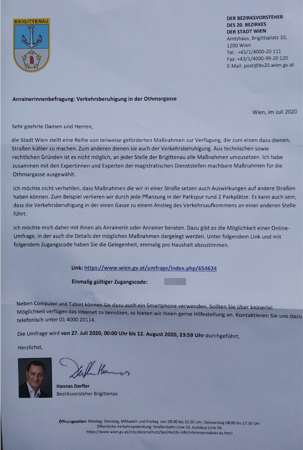 Da Bezirkschef Derfler im Schreiben darauf hinweist, dass durch die Umgestaltung Parkplätze wegfallen, wird er wegen "versuchter Einflußnahme" kritisiert.