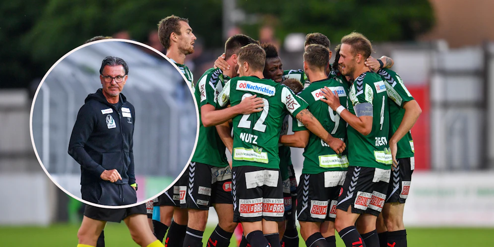 Der angeschlagene Trainer Gerald Baumgartner sieht seine Rieder jubeln.