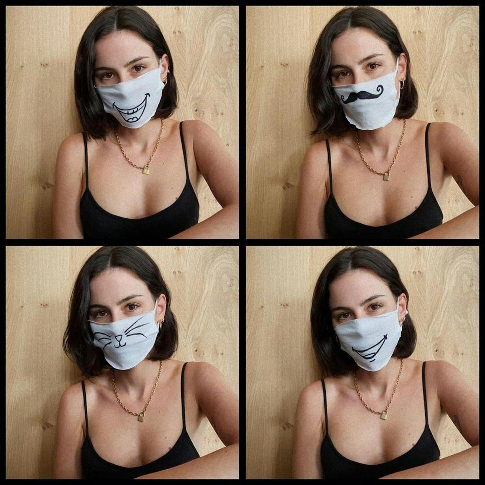 Lena (29) hat sich aus alten T-Shirts ihre eigene Masken geschnitten, diese Version ist also gratis. Sieht hübsch aus. Über die Effektivität der Maske lässt sich allerdings streiten.
