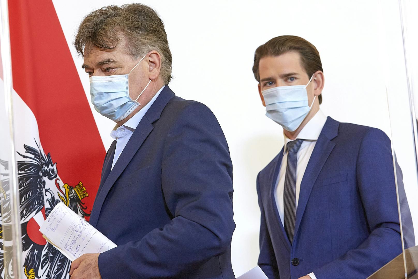 Sebastian Kurz (VP) und Werner Kogler einigten sich auf Maskenpflicht.