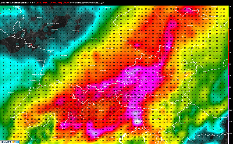 Prognose des aufsummierten Niederschalgs nach dem ECMWF-Modell über 24h bis Dienstagvormittag