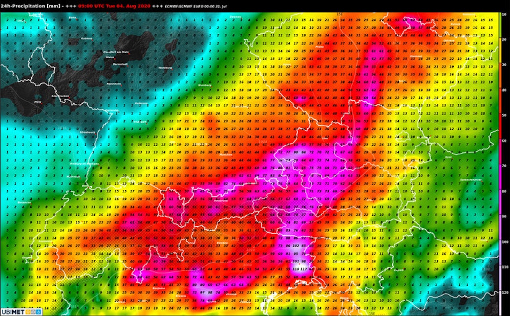 Prognose des aufsummierten Niederschalgs nach dem ECMWF-Modell über 24h bis Dienstagvormittag
