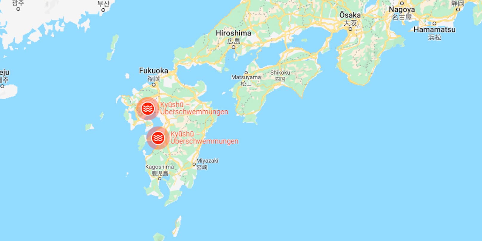 Weite Gebiete der Provinzen Kumamoto und Kagoshima auf Japans südwestlicher Hauptinsel Kyushu sind von den Unwettern betroffen.. 
