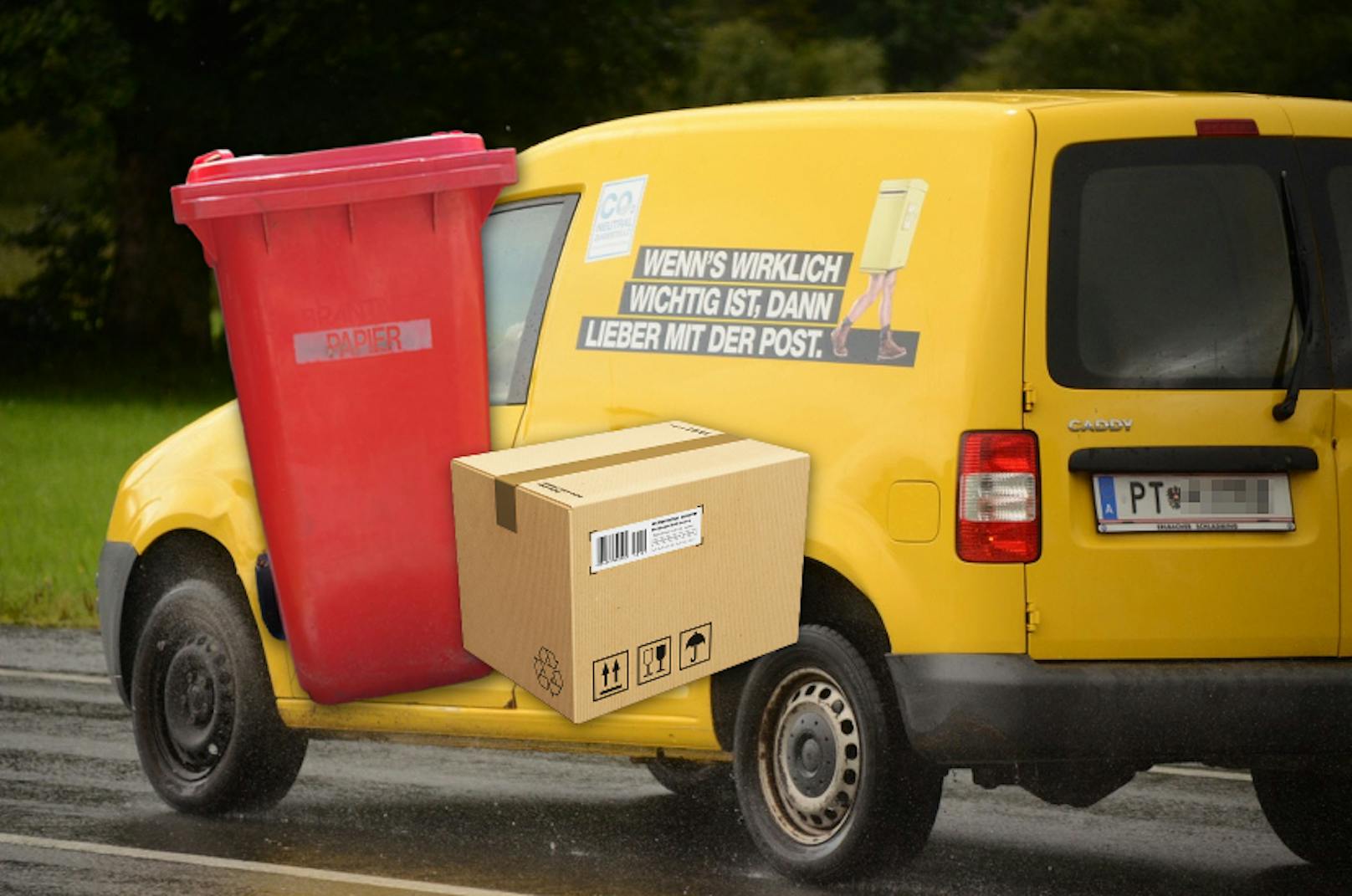 Symbolfoto von roter Tonne, Paket und Postauto.