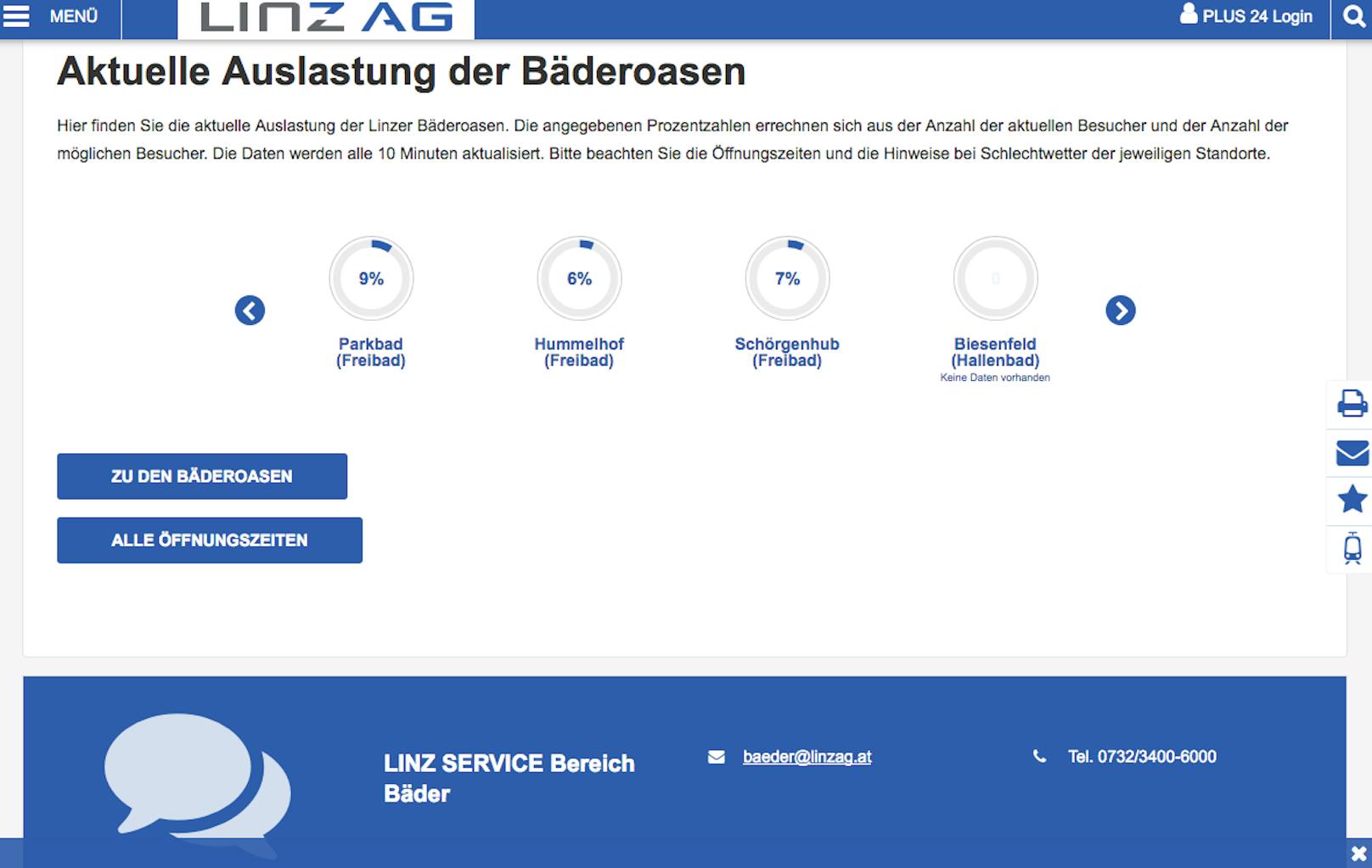 Auf der Homepage der Linz AG ist die Auslastung der Linzer Bäder in Echtzeit (alle 10 Minuten) nachzulesen.