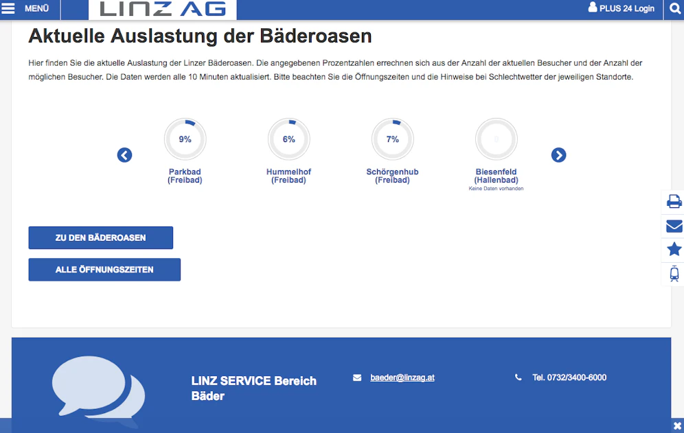Auf der Homepage der Linz AG ist die Auslastung der Linzer Bäder in Echtzeit (alle 10 Minuten) nachzulesen.