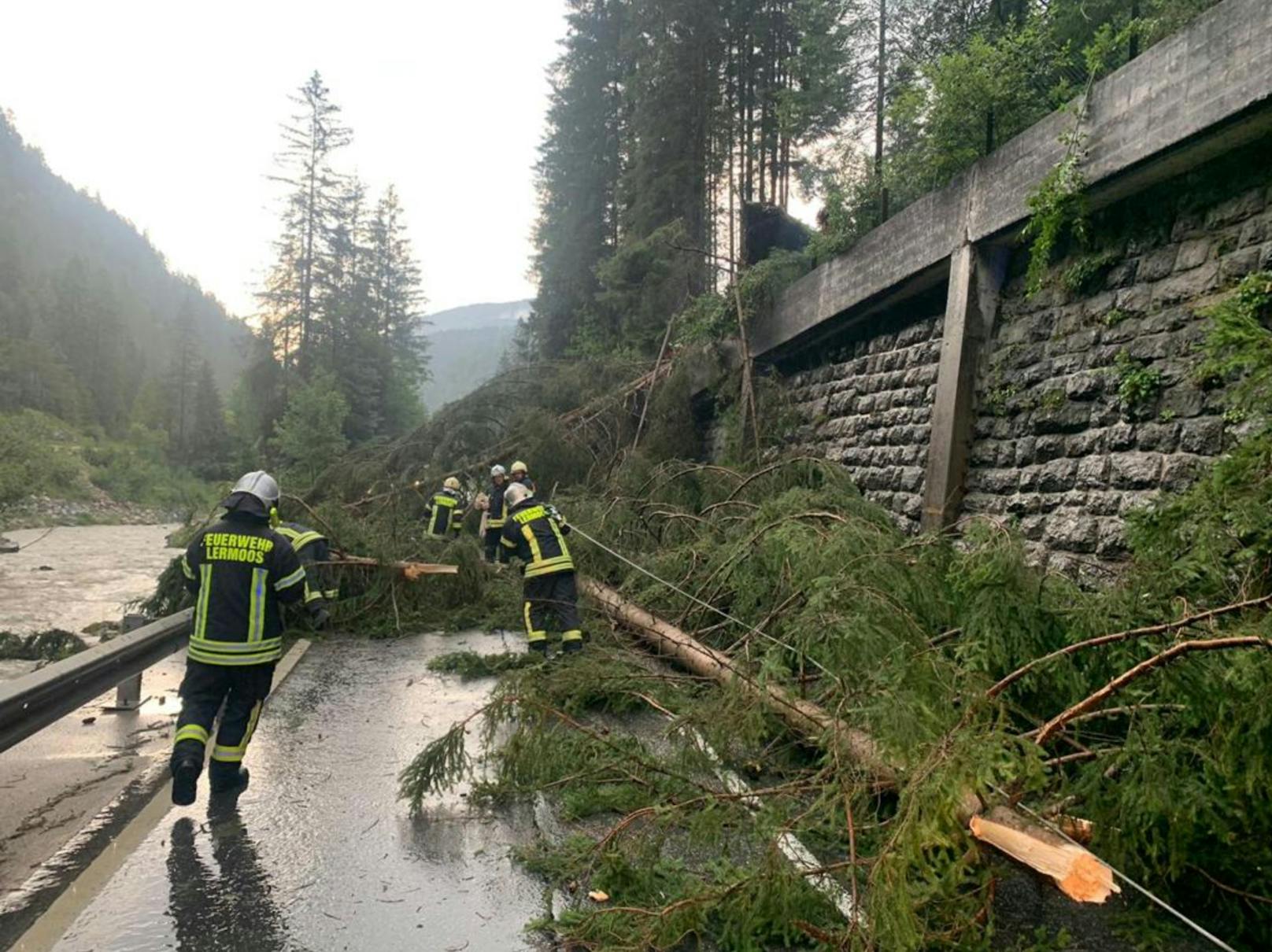 Umgestürzte Bäume in Folge eines heftigen Unwetters auf der Ehrwalder Straße bei Lermoos (Tirol) am 1. August 2020
