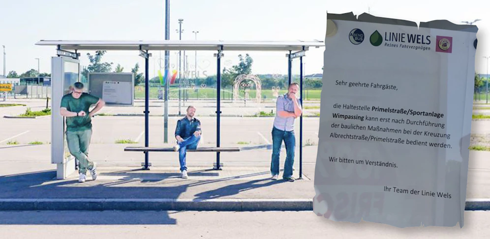 Kein Busanschluss an dieser Haltestelle, heißt es in Wels. Der Grünen-Verkehrssprecher Severin Mayr (Mitte), Ralph Schallmeiner (li.) und Thomas Rammerstorfer (beide von den Welser Grünen) können es nicht verstehen.
