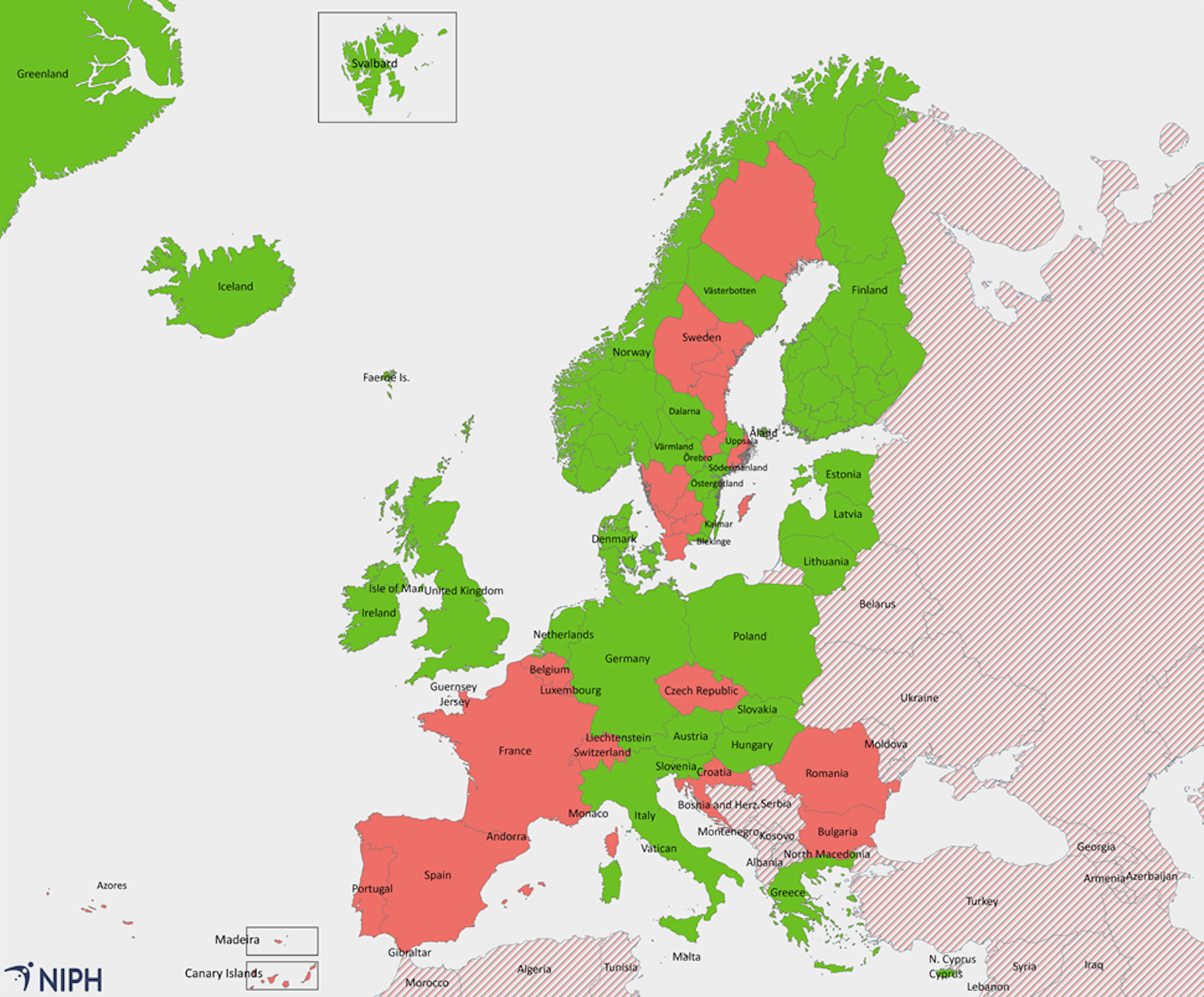 Wer aus roten bzw. schraffierten Ländern nach Norwegen einreisen will, muss für 10 Tage in Quarantäne. Stand der Karte: 8. August 2020