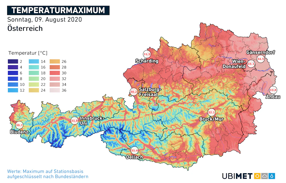 Temperaturmaximum am Sonntag, 9. August 2020
