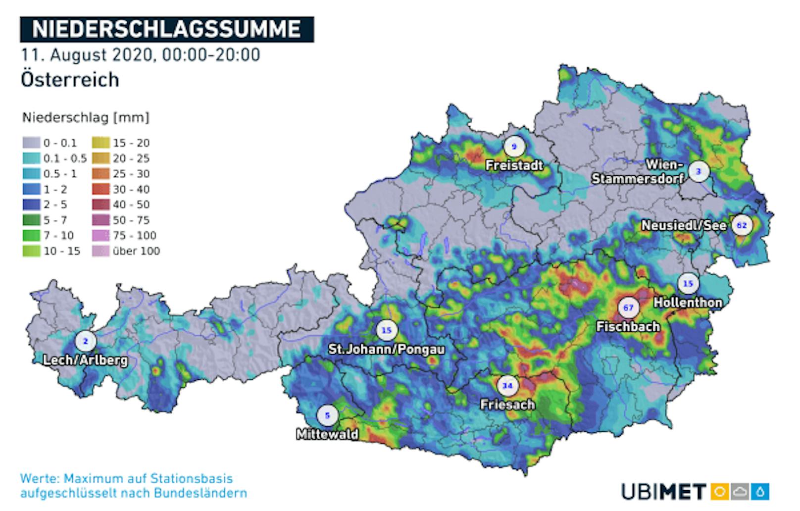 So viel regnete es am Dienstag (11.08.2020) in Österreich.