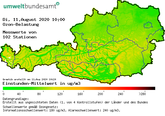 Die Ozon-Belastung in Österreich am 11. August 2020, 10 Uhr