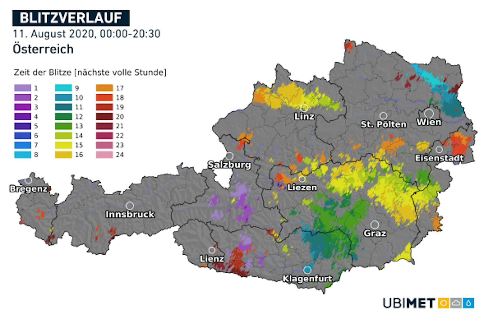 So viele Blitze gingen am Dienstag über Österreich nieder.
