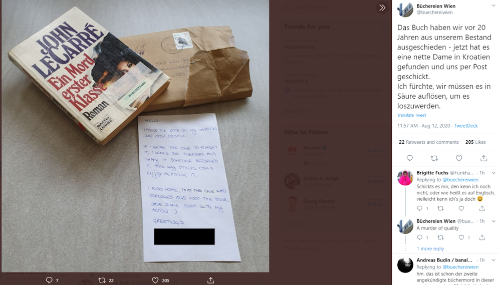 Ungewöhnliche Urlaubspost: Bücherei erhält Buch nach 20 Jahren zurück.