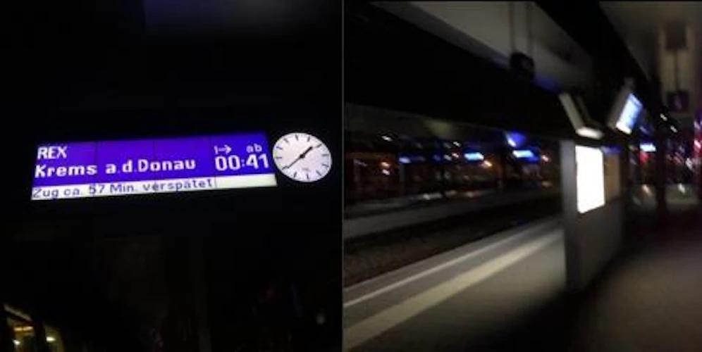 Anzeigetafel in Absdorf: Bahnhof schon recht dunkel.